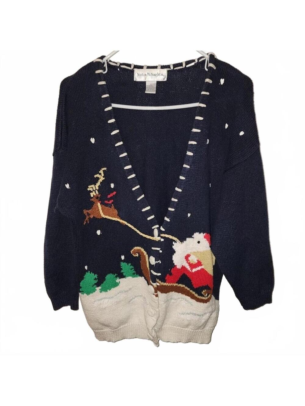 Maggie McNaughton womens Christmas holiday Cardigan Sweater L Santa sleigh
